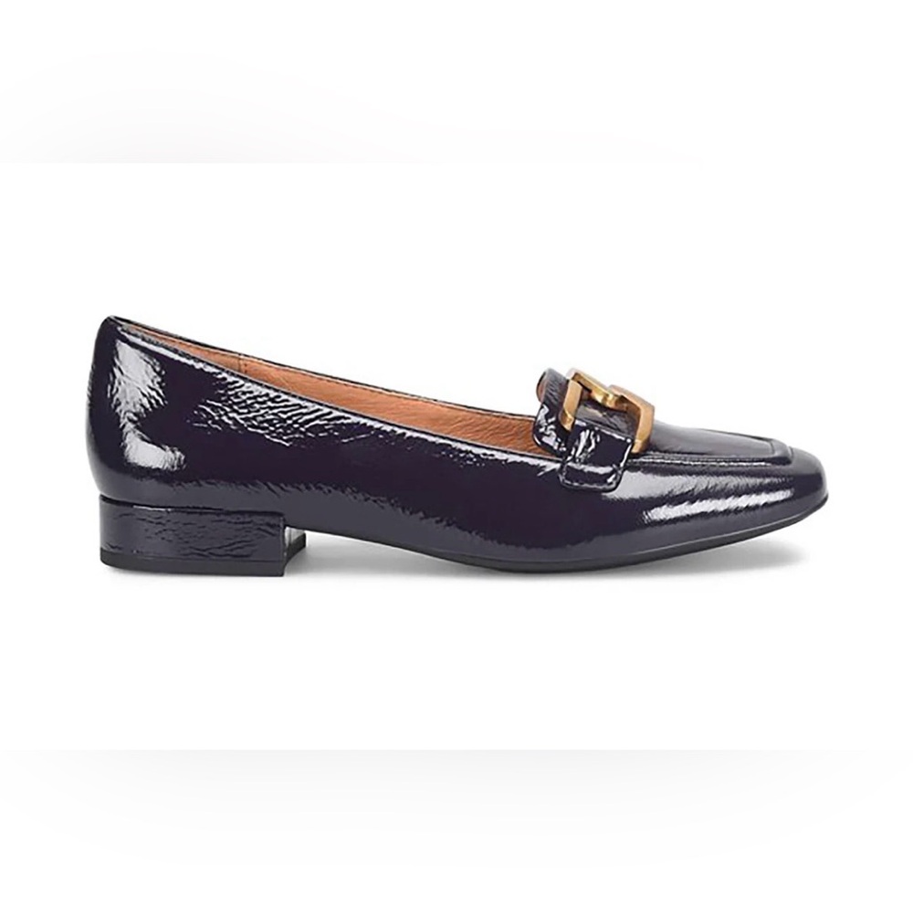 Sofft Navy Patent Leather Loafers with Gold Buckle